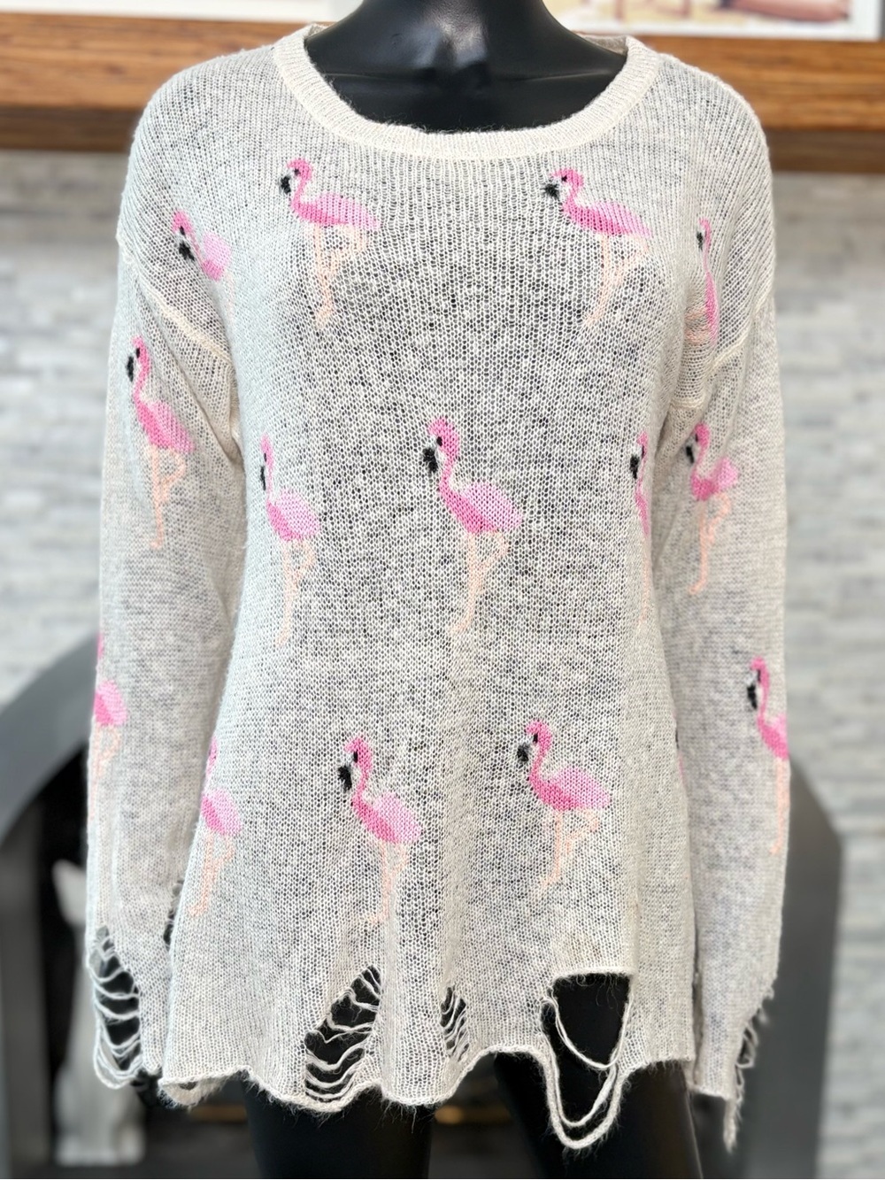 RARE Wildfox Miami Suburb Flamingo Oversized Shredded Knit Sweater S